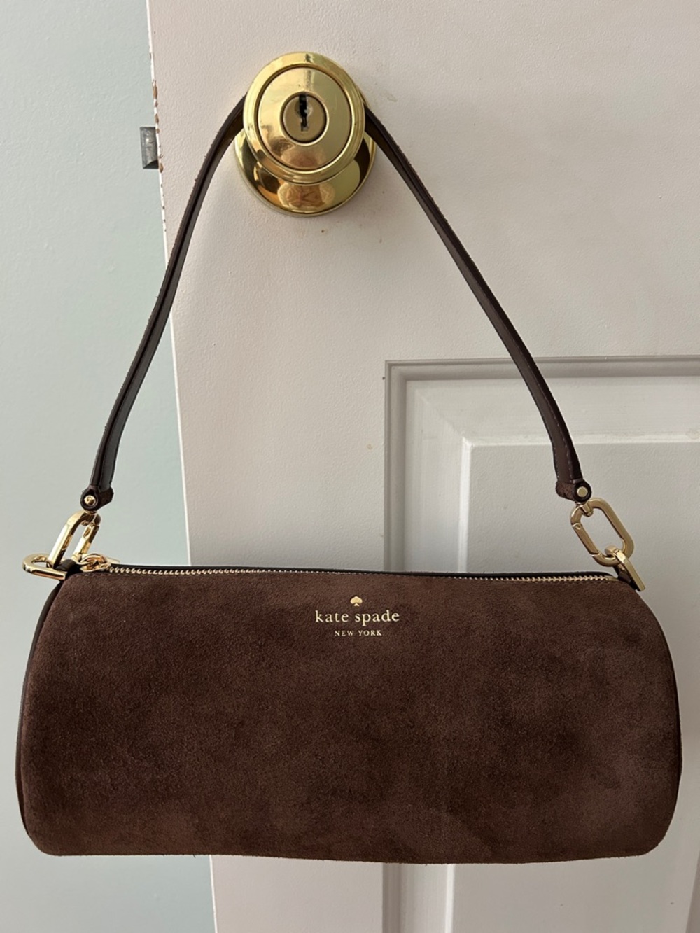 kate spade Roulette Brown Suede Medium Shoulder Bag with Gold Hardware. NWT